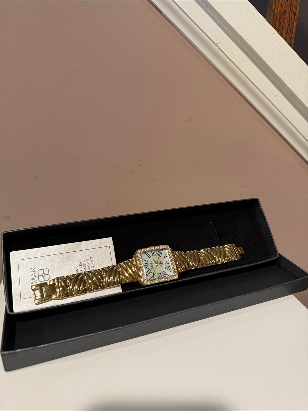 IMAN Gold Toned Square Face Watch with Textured Bracelet AND Crystal Accents